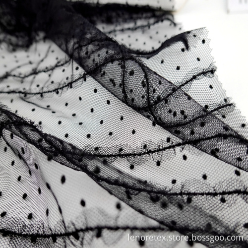 Knitted Dot Lace Black Mesh Flocking Fabric